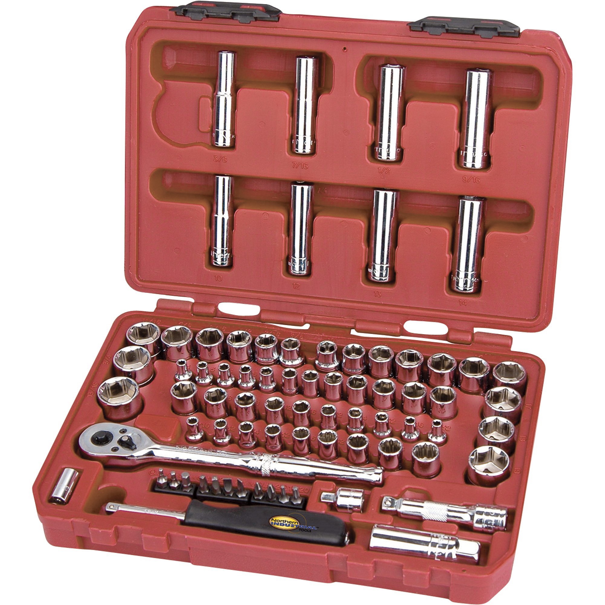 Northern Industrial Socket Set — 1/4in. and 3/8in. Drive, 74-Pc. SAE/Metric Set